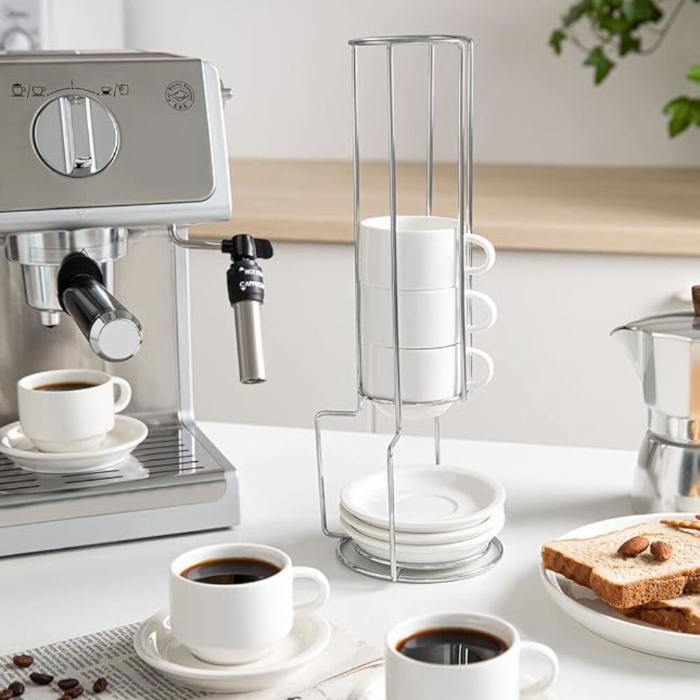 Sweese Porcelain Stackable Espresso Cups with Saucers and Metal Stand | 2.5 oz